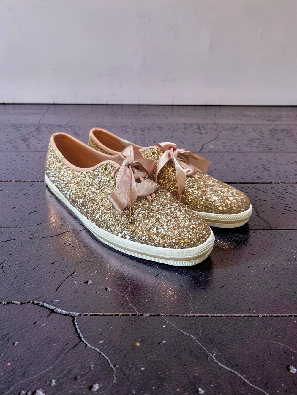 Keds Kate Spade Gold Glitter Lace-Up Women's Sneakers with Satin Ribbon YT14